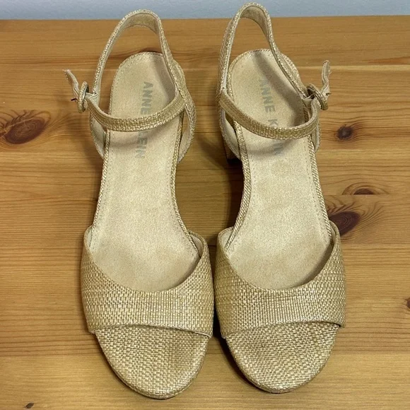 Anne Klein Raffia Block Heel Sandals Natural Beige Ankle Strap Size 10 - Picture 4 of 6